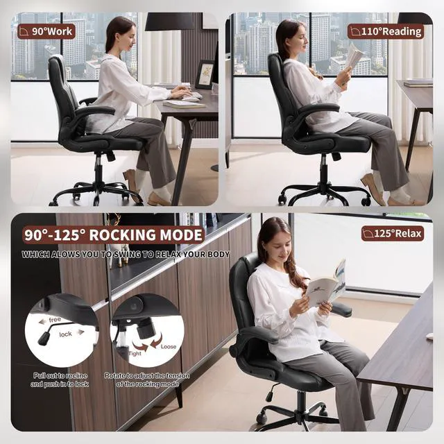 Alt view image 5 of 7 - Leather Office Chair Swivel Lumbar Support for Short People Black | Executive Office Chair PU,Leather Office Chair with Wheels,360° Swivel Rolling Chair with Padded Arm,Ergonomic Computer Chair