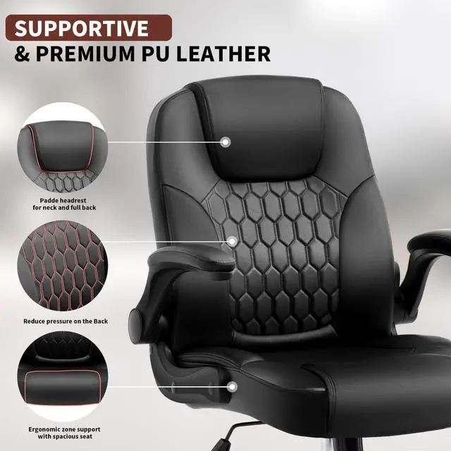 Alt view image 7 of 7 - Leather Office Chair Swivel Lumbar Support for Short People Black | Executive Office Chair PU,Leather Office Chair with Wheels,360° Swivel Rolling Chair with Padded Arm,Ergonomic Computer Chair