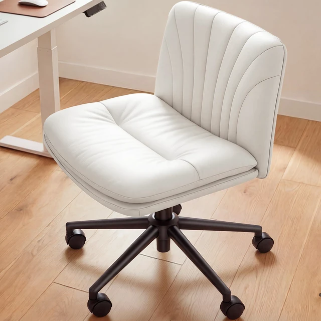 Main image of Armless-Office Desk Chair with Wheels: PU Leather Cross Legged Wide Chair,Comfortable Adjustable Swivel Task Chairs for Home,Office,Make Up,Small Space,Bed Room(Light Beige)