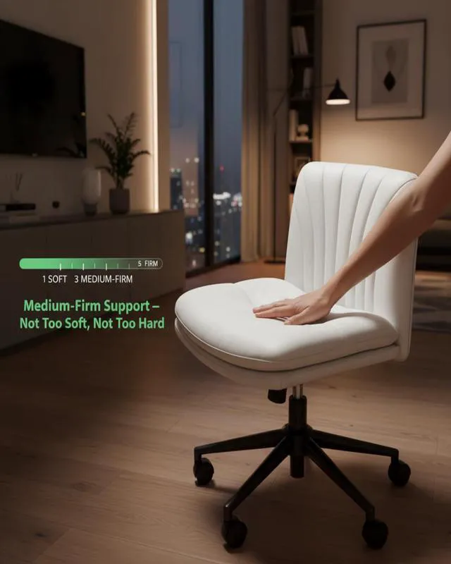 Alt view image 3 of 7 - Armless-Office Desk Chair with Wheels: PU Leather Cross Legged Wide Chair,Comfortable Adjustable Swivel Task Chairs for Home,Office,Make Up,Small Space,Bed Room(Light Beige)