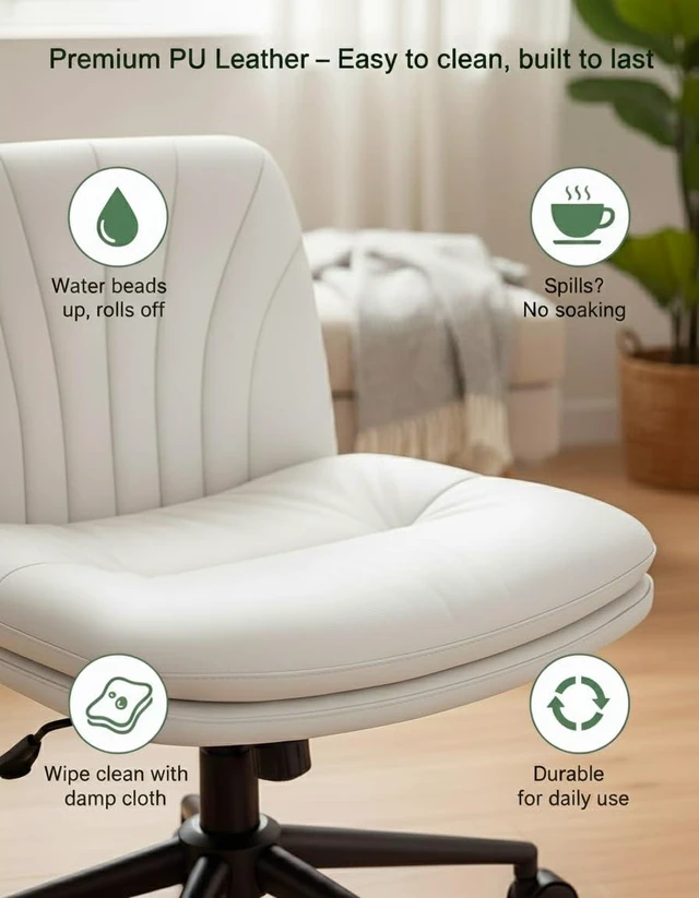 Alt view image 4 of 7 - Armless-Office Desk Chair with Wheels: PU Leather Cross Legged Wide Chair,Comfortable Adjustable Swivel Task Chairs for Home,Office,Make Up,Small Space,Bed Room(Light Beige)