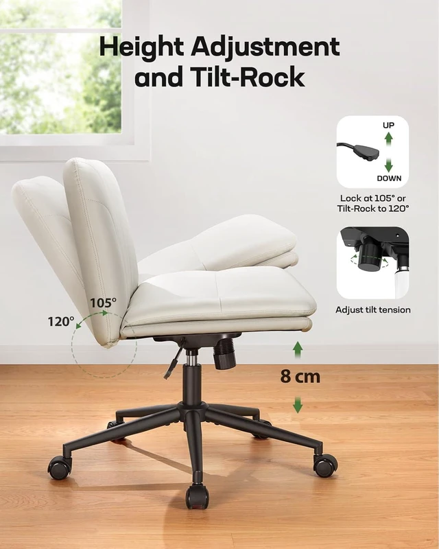 Alt view image 6 of 7 - Armless-Office Desk Chair with Wheels: PU Leather Cross Legged Wide Chair,Comfortable Adjustable Swivel Task Chairs for Home,Office,Make Up,Small Space,Bed Room(Light Beige)
