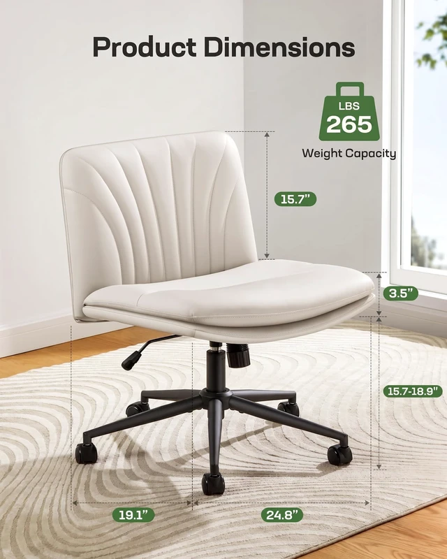 Alt view image 5 of 7 - Armless-Office Desk Chair with Wheels: PU Leather Cross Legged Wide Chair,Comfortable Adjustable Swivel Task Chairs for Home,Office,Make Up,Small Space,Bed Room(Light Beige)