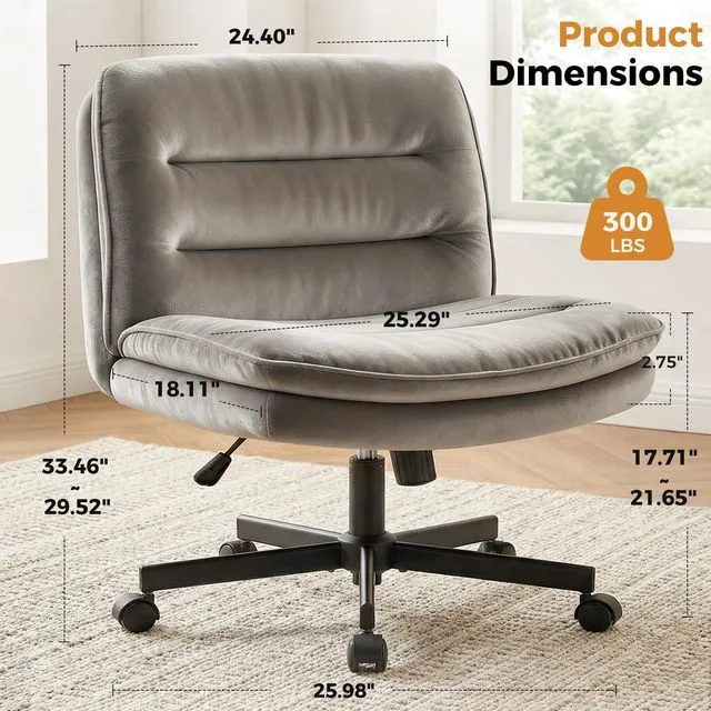 Alt view image 2 of 7 - Criss Cross Office Chair Armless Vanity Chair with Comfy Seat | Soft Velvet Fabric, Cross-Legged, Comfortable Wide Seat, 3-zone Mid-back Support, Height Adjustable, Bedroom Student Adults