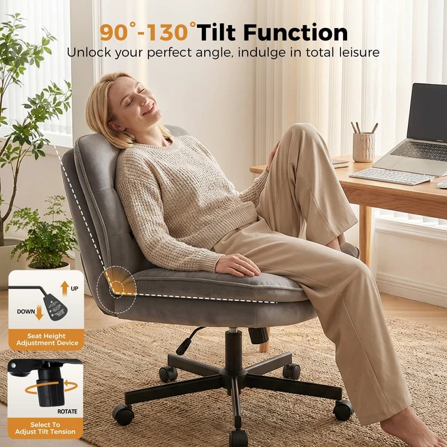 Alt view image 6 of 7 - Criss Cross Office Chair Armless Vanity Chair with Comfy Seat | Soft Velvet Fabric, Cross-Legged, Comfortable Wide Seat, 3-zone Mid-back Support, Height Adjustable, Bedroom Student Adults