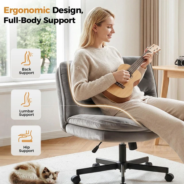 Alt view image 4 of 7 - Criss Cross Office Chair Armless Vanity Chair with Comfy Seat | Soft Velvet Fabric, Cross-Legged, Comfortable Wide Seat, 3-zone Mid-back Support, Height Adjustable, Bedroom Student Adults