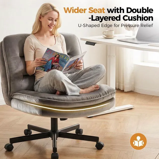 Alt view image 5 of 7 - Criss Cross Office Chair Armless Vanity Chair with Comfy Seat | Soft Velvet Fabric, Cross-Legged, Comfortable Wide Seat, 3-zone Mid-back Support, Height Adjustable, Bedroom Student Adults