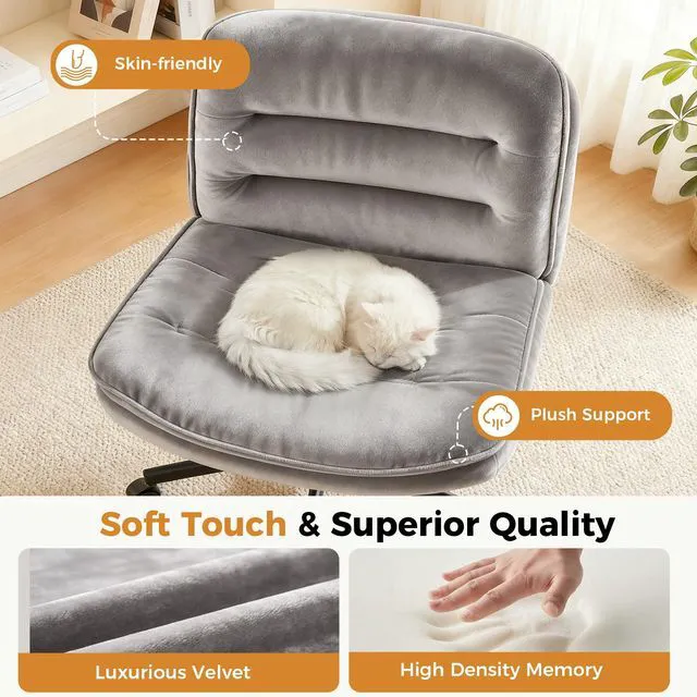 Alt view image 3 of 7 - Criss Cross Office Chair Armless Vanity Chair with Comfy Seat | Soft Velvet Fabric, Cross-Legged, Comfortable Wide Seat, 3-zone Mid-back Support, Height Adjustable, Bedroom Student Adults