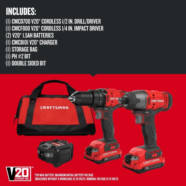 Alt view image 2 of 7 - V20 MAX Cordless Drill Driver and Impact Driver Set, Power Tool Set with 2 Batteries and Charger, LED Work Light, 2 Bits, Bag (CMCK200C2)