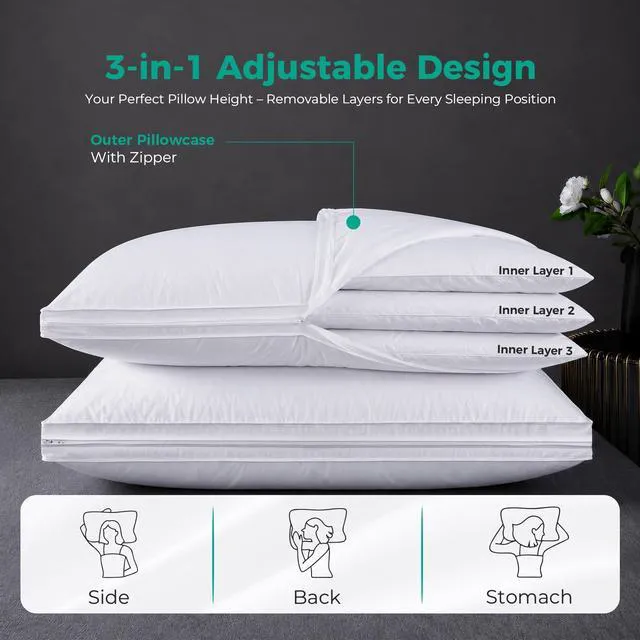 Alt view image 2 of 7 - Adjustable Layer Goose Feather Pillow,Assemblable Bed Pillow,100% Soft Organic Cotton Cover,Good for Side and Back Stomach Sleeper, Queen Size,Packaging Include 2 Pillows