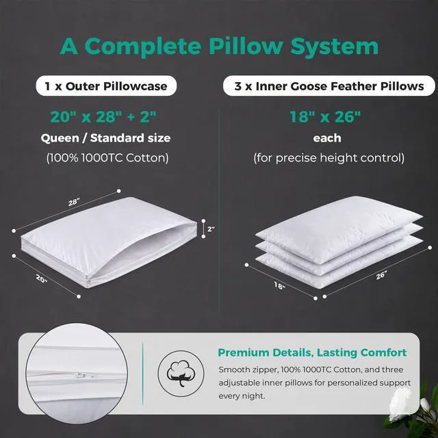 Alt view image 5 of 7 - Adjustable Layer Goose Feather Pillow,Assemblable Bed Pillow,100% Soft Organic Cotton Cover,Good for Side and Back Stomach Sleeper, Queen Size,Packaging Include 2 Pillows