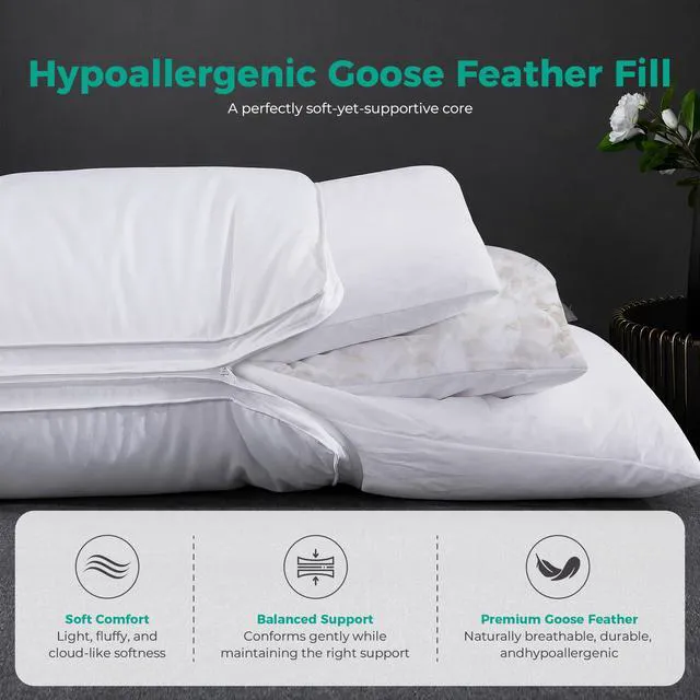 Alt view image 6 of 7 - Adjustable Layer Goose Feather Pillow,Assemblable Bed Pillow,100% Soft Organic Cotton Cover,Good for Side and Back Stomach Sleeper, Queen Size,Packaging Include 2 Pillows