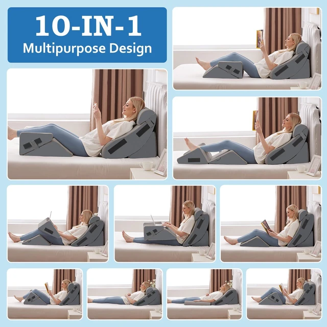 Alt view image 6 of 7 - 5Pcs Wedge Pillow Set for After Surgery, Memory Foam, Grey | Orthopedic Bed Wedge, Acid Reflux Relief, Back Pain Relief, Adjustable Back Pillow for Bed Sitting up, Removable Cover