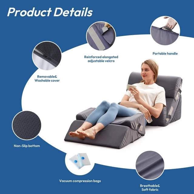 Alt view image 5 of 7 - 6PCS Wedge Pillow Set for After Surgery, Back Pillow for Bed Sitting Up, Orthopedic Bed Wedge for Body, Leg Pain Relief, Memory Foam Pillow for Post Surgery, Sleeping, Acid Reflux, Plush Grey
