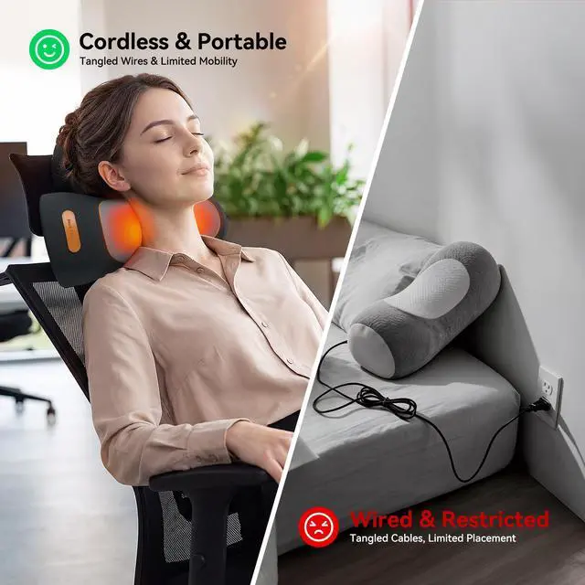 Alt view image 7 of 7 - 3 in-1 Cordless Neck Massager Pillow with Heat, Vibration & Traction | 2026 Upgraded Ergonomic Neck Pillow for Daily Muscle Relaxation, Cordless & USB-C Charging