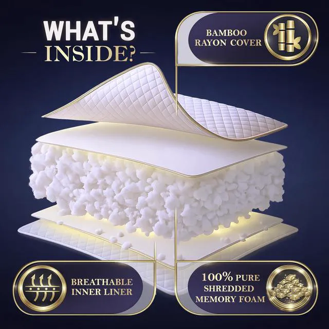 Alt view image 3 of 7 - Queen Size Set of 2-Shredded Memory Foam PillowAdjustable Memory Foam Pillow for Sleeping, Firm Pillow for Neck & Shoulder Support, Breathable Bed Pillow for Back Stomach Side Sleepers