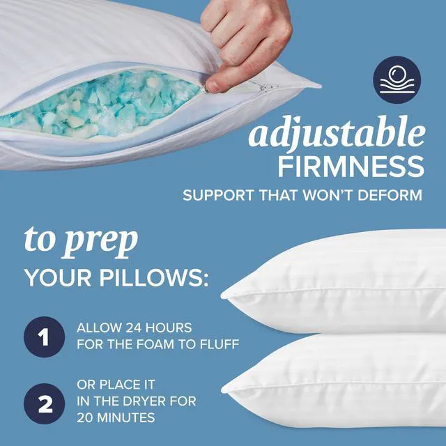 Alt view image 2 of 7 - King Size Memory Foam (Adjustable Fill) Bed Pillows Set of 2 - Cooling Shredded Foam Pillow for Back, Stomach or Side Sleepers
