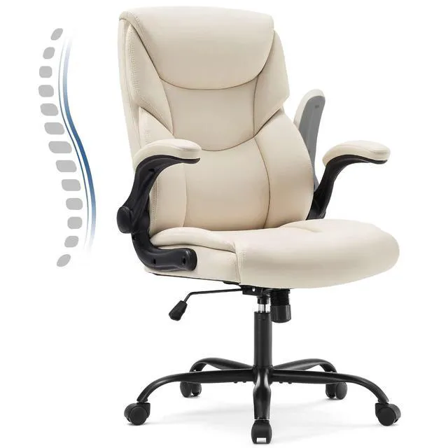 Alt view image 6 of 7 - Leather Office Chair, Computer Desk Chair, Lumbar Support | Adjustable Flip-Up Armrest, Swivel Rolling Wheels, Strong Metal Base, Cream White
