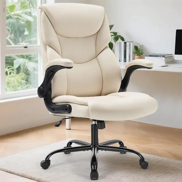 Alt view image 7 of 7 - Leather Office Chair, Computer Desk Chair, Lumbar Support | Adjustable Flip-Up Armrest, Swivel Rolling Wheels, Strong Metal Base, Cream White