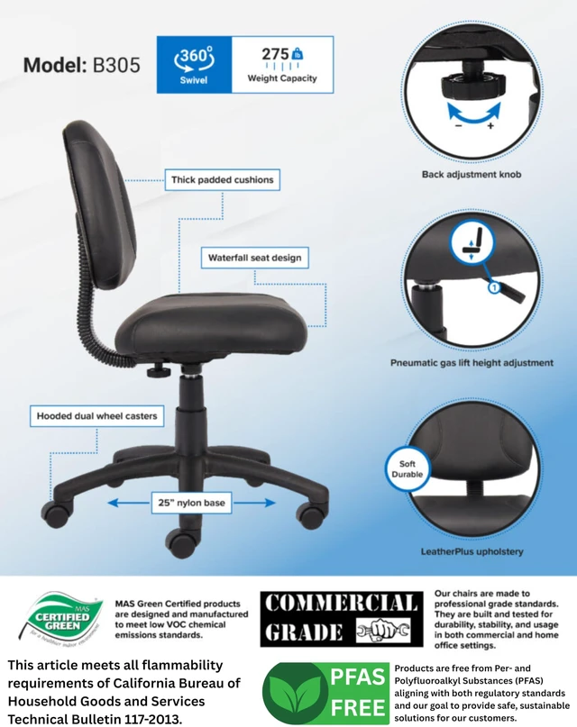 Alt view image 2 of 7 - Posture Task Chair Without Arms in Black, Low-Back (B305)