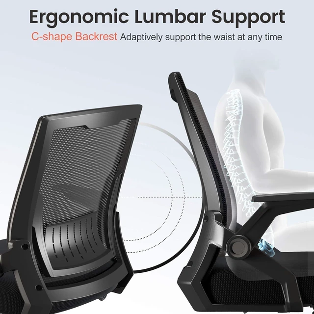 Alt view image 3 of 7 - Office Chair with Flip-up Armrests Ergonomic Computer Desk Chair with Adaptive Lumbar Support & Breathable Mesh, Black, Pack of 2