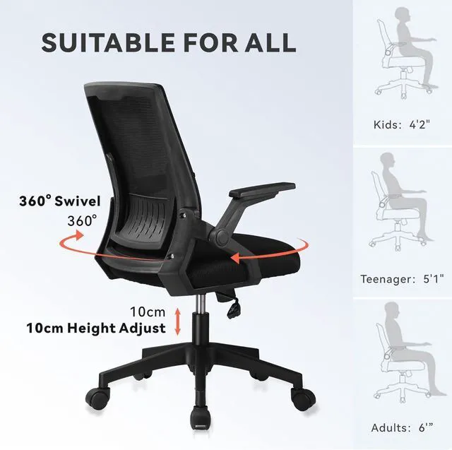 Alt view image 4 of 7 - Office Chair with Flip-up Armrests Ergonomic Computer Desk Chair with Adaptive Lumbar Support & Breathable Mesh, Black, Pack of 2