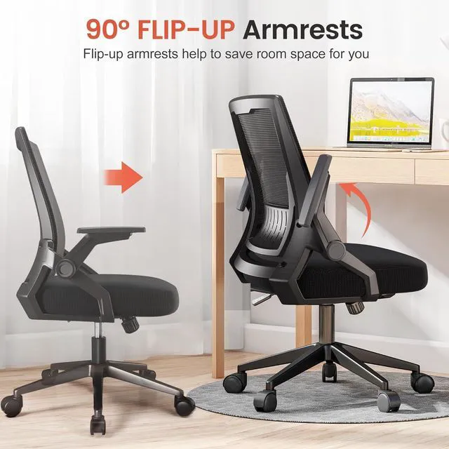 Alt view image 5 of 7 - Office Chair with Flip-up Armrests Ergonomic Computer Desk Chair with Adaptive Lumbar Support & Breathable Mesh, Black, Pack of 2