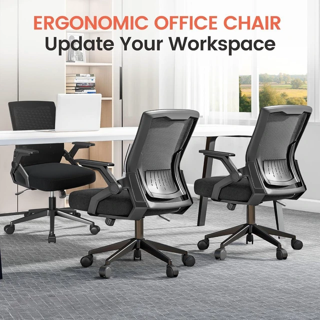 Alt view image 7 of 7 - Office Chair with Flip-up Armrests Ergonomic Computer Desk Chair with Adaptive Lumbar Support & Breathable Mesh, Black, Pack of 2