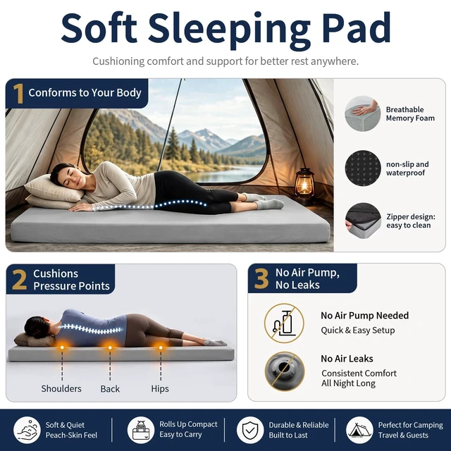 Alt view image 2 of 7 - Memory Foam Camping Mattress Pad,Sleeping Pad for Camping,Non-Slip Bottom Floor Car Mattress Bed with Retaining Portable Roll up Mattress Pad Mat for Travel Truck Guest Bed Tent