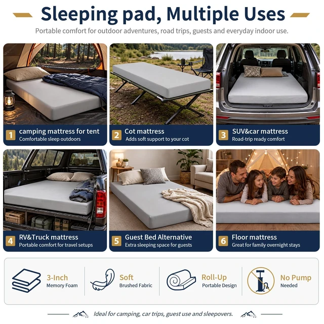 Alt view image 6 of 7 - Memory Foam Camping Mattress Pad,Sleeping Pad for Camping,Non-Slip Bottom Floor Car Mattress Bed with Retaining Portable Roll up Mattress Pad Mat for Travel Truck Guest Bed Tent