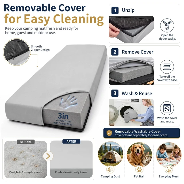Alt view image 7 of 7 - Memory Foam Camping Mattress Pad,Sleeping Pad for Camping,Non-Slip Bottom Floor Car Mattress Bed with Retaining Portable Roll up Mattress Pad Mat for Travel Truck Guest Bed Tent