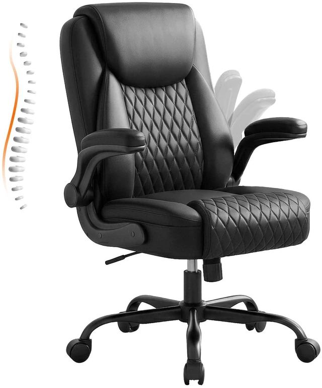 Main image of PU Leather Office Chair, Home Desk Chair with Flip-up Arms, Black | Ergonomic Back, Memory Foam Cushion, Comfy Executive Chair for Home Office Gaming, Flexible Rocking, Heavy Duty Chairs