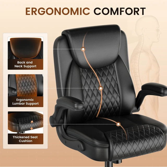 Alt view image 3 of 7 - PU Leather Office Chair, Home Desk Chair with Flip-up Arms, Black | Ergonomic Back, Memory Foam Cushion, Comfy Executive Chair for Home Office Gaming, Flexible Rocking, Heavy Duty Chairs
