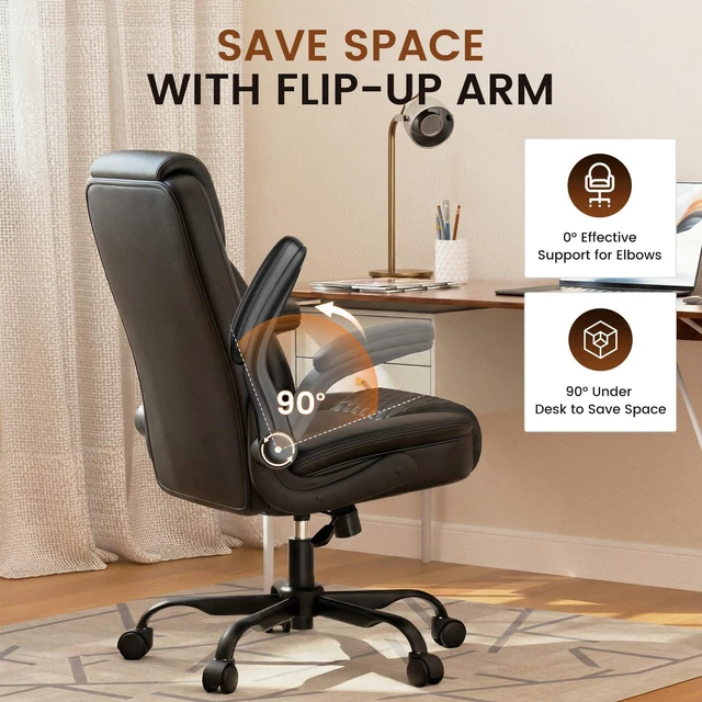 Alt view image 5 of 7 - PU Leather Office Chair, Home Desk Chair with Flip-up Arms, Black | Ergonomic Back, Memory Foam Cushion, Comfy Executive Chair for Home Office Gaming, Flexible Rocking, Heavy Duty Chairs