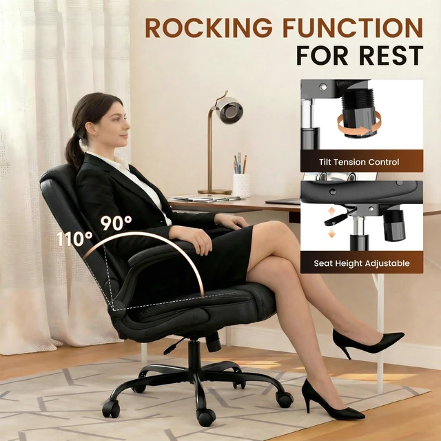 Alt view image 6 of 7 - PU Leather Office Chair, Home Desk Chair with Flip-up Arms, Black | Ergonomic Back, Memory Foam Cushion, Comfy Executive Chair for Home Office Gaming, Flexible Rocking, Heavy Duty Chairs