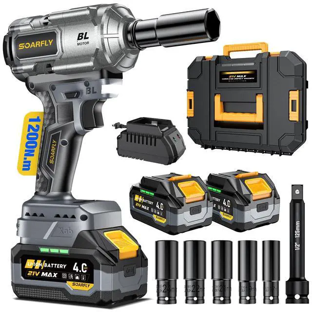 Main image of Cordless Impact Wrench 1/2", 900 Ft-Lbs(1200N.m), 2x4.0Ah Batteries21V Brushless High Torque Impact Gun, 3-Speed Control, 5 Sockets for Car Tires, Trucks, Stubborn Lug Nuts, Heavy-Duty Repairs