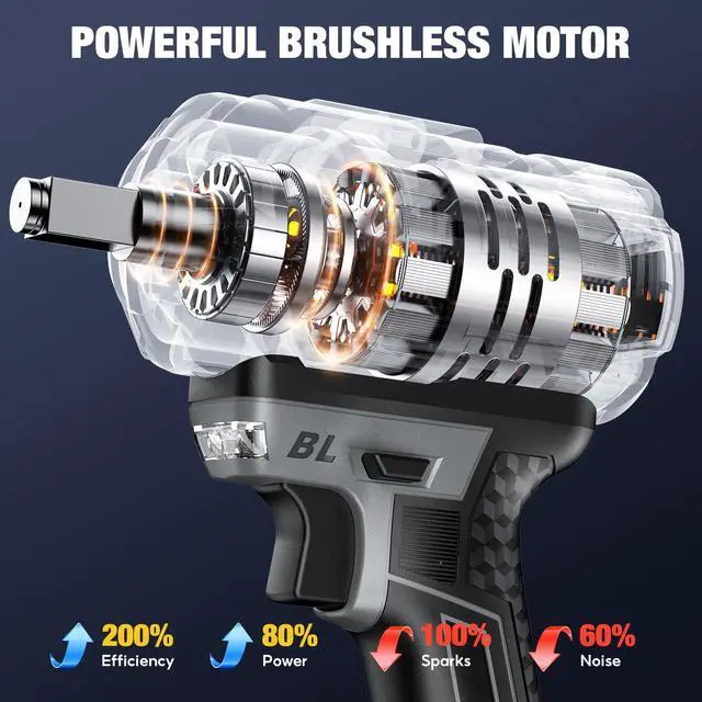 Alt view image 2 of 7 - Cordless Impact Wrench 1/2", 900 Ft-Lbs(1200N.m), 2x4.0Ah Batteries21V Brushless High Torque Impact Gun, 3-Speed Control, 5 Sockets for Car Tires, Trucks, Stubborn Lug Nuts, Heavy-Duty Repairs