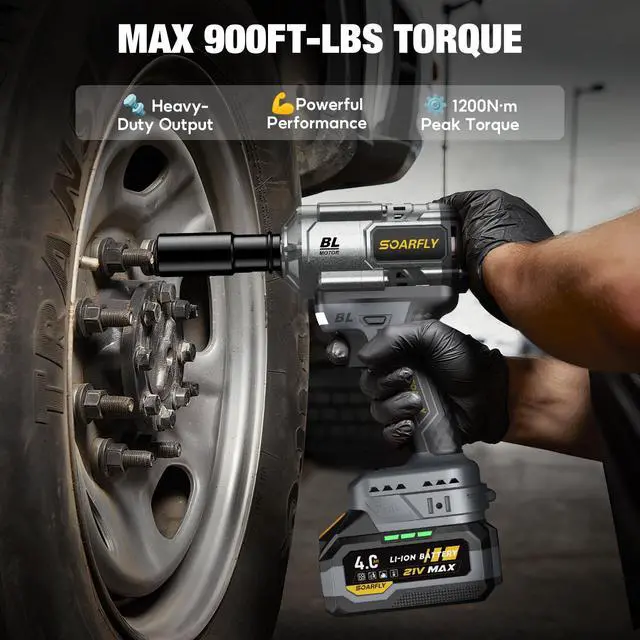 Alt view image 3 of 7 - Cordless Impact Wrench 1/2", 900 Ft-Lbs(1200N.m), 2x4.0Ah Batteries21V Brushless High Torque Impact Gun, 3-Speed Control, 5 Sockets for Car Tires, Trucks, Stubborn Lug Nuts, Heavy-Duty Repairs