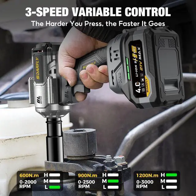 Alt view image 7 of 7 - Cordless Impact Wrench 1/2", 900 Ft-Lbs(1200N.m), 2x4.0Ah Batteries21V Brushless High Torque Impact Gun, 3-Speed Control, 5 Sockets for Car Tires, Trucks, Stubborn Lug Nuts, Heavy-Duty Repairs