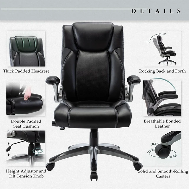 Alt view image 3 of 4 - Ergonomic PU Leather Executive Office Chairs with Flip-Up Arms,Black | High-Back Home Computer Chair with Thick Bonded Leather, Adjustable Height and Tilt for Working, Study, Gaming