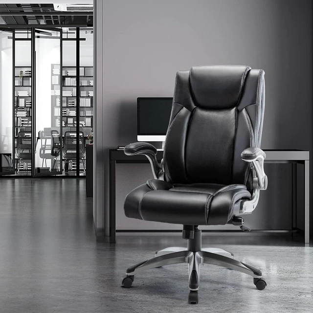 Alt view image 4 of 4 - Ergonomic PU Leather Executive Office Chairs with Flip-Up Arms,Black | High-Back Home Computer Chair with Thick Bonded Leather, Adjustable Height and Tilt for Working, Study, Gaming