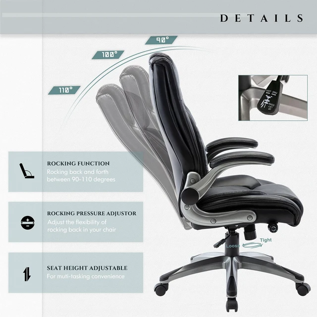 Alt view image 2 of 4 - Ergonomic PU Leather Executive Office Chairs with Flip-Up Arms,Black | High-Back Home Computer Chair with Thick Bonded Leather, Adjustable Height and Tilt for Working, Study, Gaming