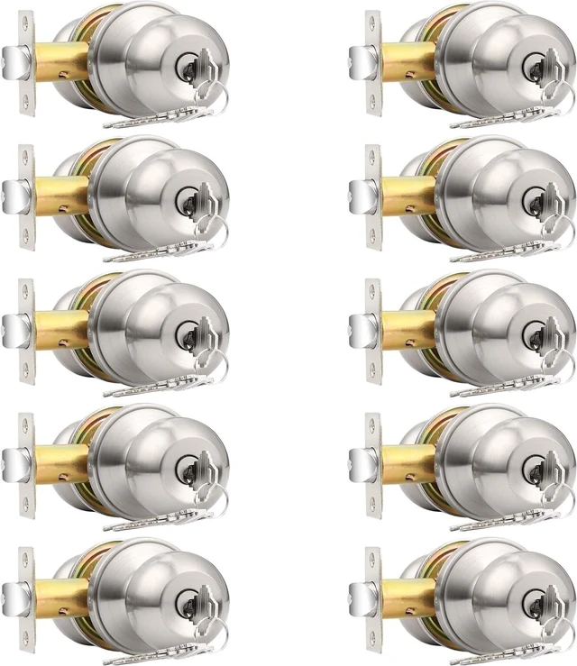 Main image of 10 Pack Brushed Nickel Keyed Alike Entry Door Knobs Single Cylinder Security Lock Set Round Ball Entrance Door Hardware with Adjustable Backset