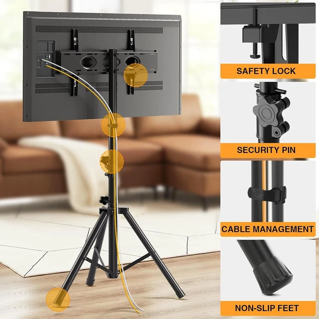 Alt view image 5 of 7 - Height Adjustable Tripod TV Stand for 2375 Inch Flat and Curved TVs with ±15 Degree Tilt Tilting Floor TV Holder Supports Up to 100 LBS Max VESA 600x400 Portable Indoor Outdoor TV Stand