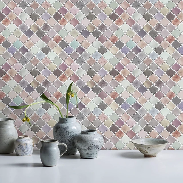 Alt view image 3 of 7 - 10 Sheets Pink Arabesque Peel and Stick Backsplash Tiles, 12" x 12" Thick 22.5mm Self Adhesive Mosaic Wall Tiles, Waterproof Heat Resistant StickOn Panels for Kitchen Bathroom Fireplace