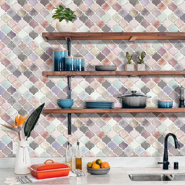 Alt view image 4 of 7 - 10 Sheets Pink Arabesque Peel and Stick Backsplash Tiles, 12" x 12" Thick 22.5mm Self Adhesive Mosaic Wall Tiles, Waterproof Heat Resistant StickOn Panels for Kitchen Bathroom Fireplace