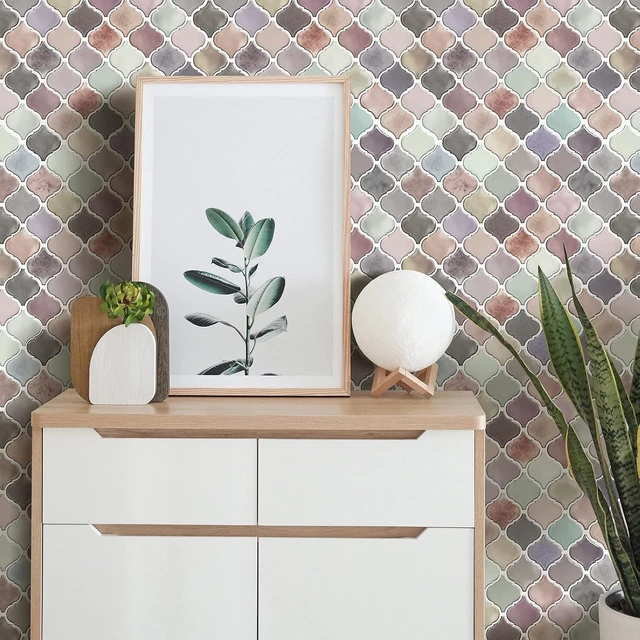 Alt view image 5 of 7 - 10 Sheets Pink Arabesque Peel and Stick Backsplash Tiles, 12" x 12" Thick 22.5mm Self Adhesive Mosaic Wall Tiles, Waterproof Heat Resistant StickOn Panels for Kitchen Bathroom Fireplace