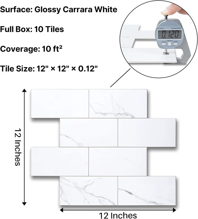 Alt view image 2 of 7 - 10 Sheets 12"x12" Glossy Carrara White Marble Peel and Stick Backsplash Tiles, Thick Faux Stone Self Adhesive Subway Wall Tiles for Kitchen Bathroom Bedroom