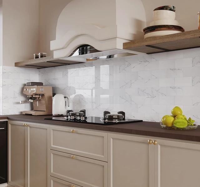 Alt view image 6 of 7 - 10 Sheets 12"x12" Glossy Carrara White Marble Peel and Stick Backsplash Tiles, Thick Faux Stone Self Adhesive Subway Wall Tiles for Kitchen Bathroom Bedroom