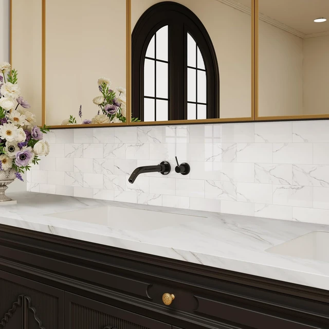 Alt view image 7 of 7 - 10 Sheets 12"x12" Glossy Carrara White Marble Peel and Stick Backsplash Tiles, Thick Faux Stone Self Adhesive Subway Wall Tiles for Kitchen Bathroom Bedroom